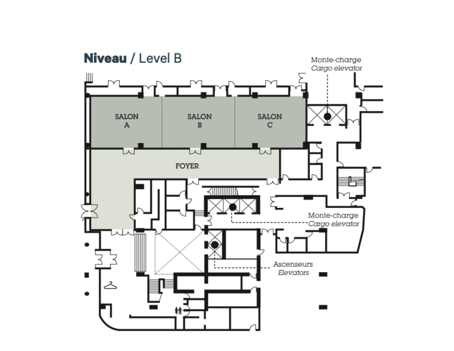 Hotel floor plan, Level B. Room names and elevators are marked on the original plan.